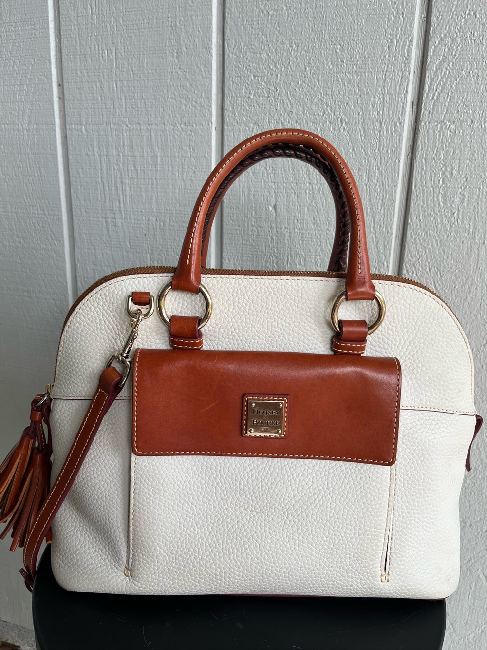 Dooney & Bourke Aubrey Satchel Crossbody Cream Pebble Grain Leather Brown Trim